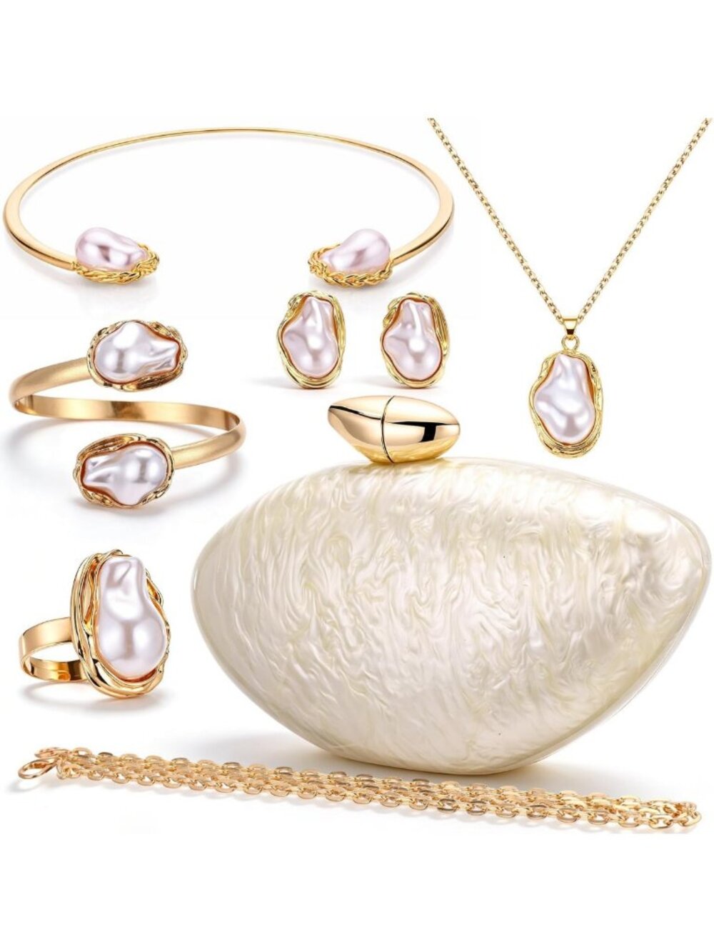 Elegant 6-Piece Pearl Purse Set with Chain, Necklace, Earrings & Ring - Gold